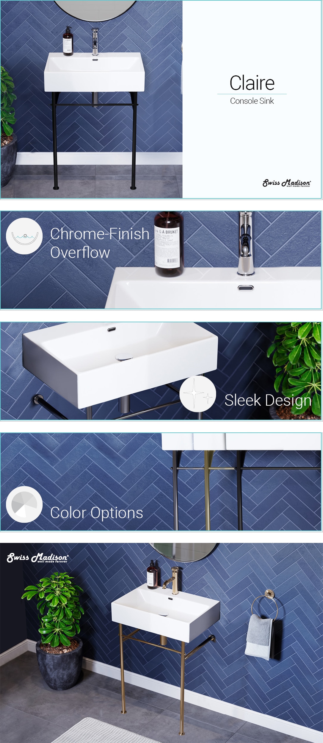 Swiss Madison Claire 24 in. Ceramic Console Sink in White Basin Gold